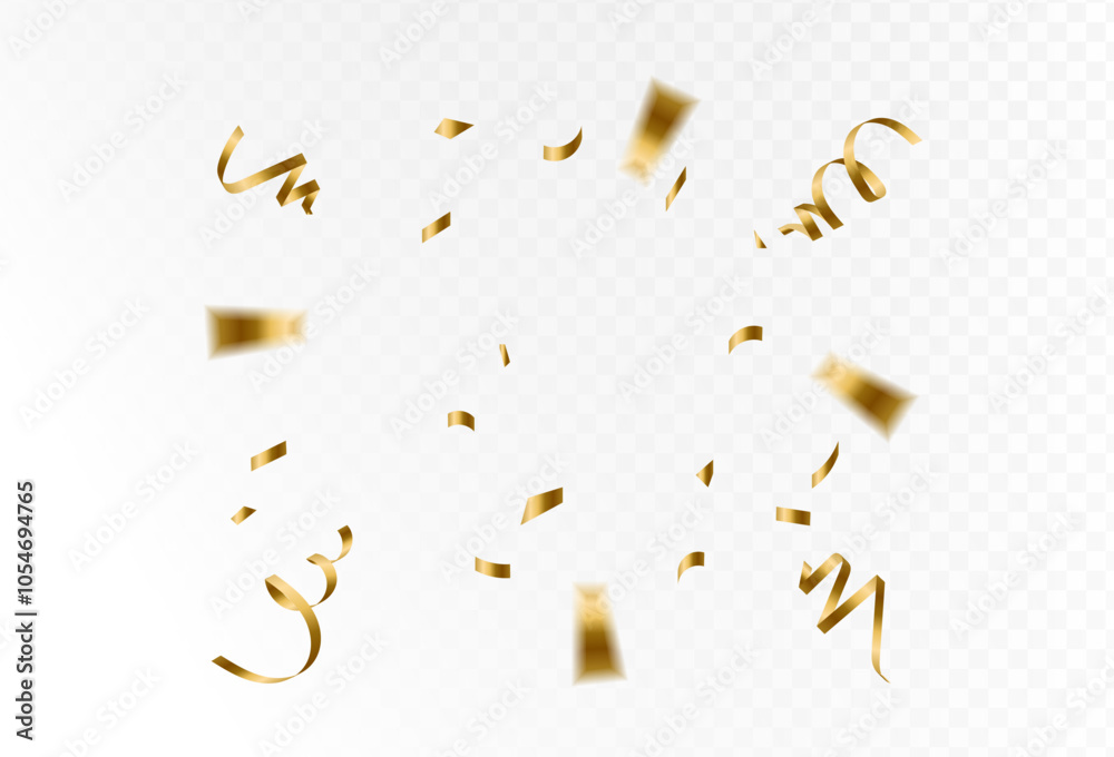 Fototapeta premium Gold confetti and ribbon streamers falling on a transparent background.Details. blurred,zoom efefct Vector 