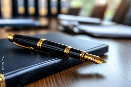 Close-up of a high-quality pen and portfolio laid out on a meeting table, representing professionalism and preparation, symbolizing readiness and presentation photo