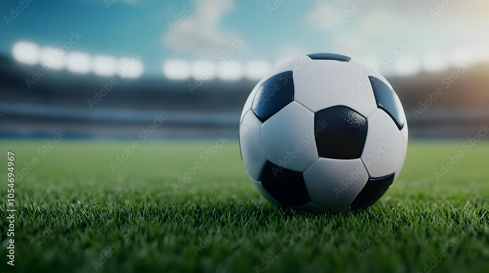 Fototapeta premium A close-up view of a soccer ball resting on lush green grass, with a stadium backdrop and a clear blue sky.