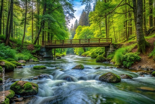 Scenic water stream flowing through lush green forest with bridge