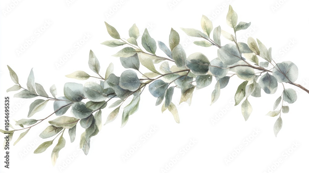 Watercolor painting of a eucalyptus branch with green leaves isolated on a white background. Watercolor painting of a eucalyptus branch with green leaves isolated on a white background.