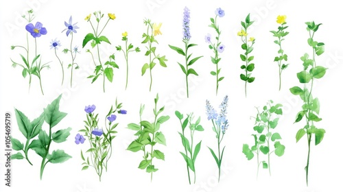 Watercolor painting of various blue and yellow wildflowers.