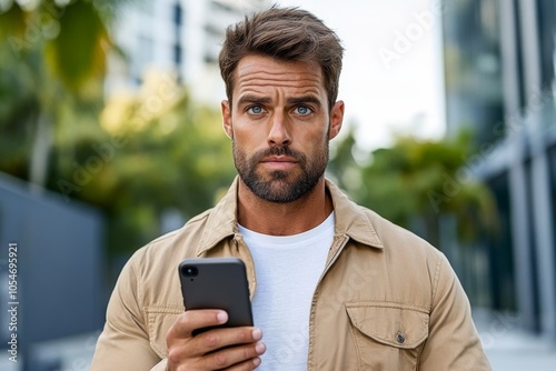 Detective checking a phone with secure messaging while glancing around in a public square, capturing the care in discreet communication, symbolizing discretion and security photo