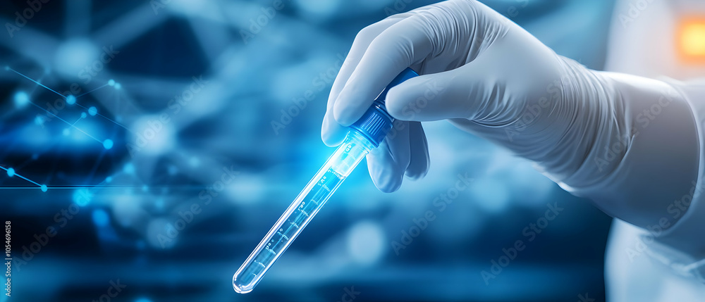 Close-up of a scientist's hand holding a glowing test tube in a laboratory setting. Close-up of a scientist's hand holding a glowing test tube in a laboratory setting.