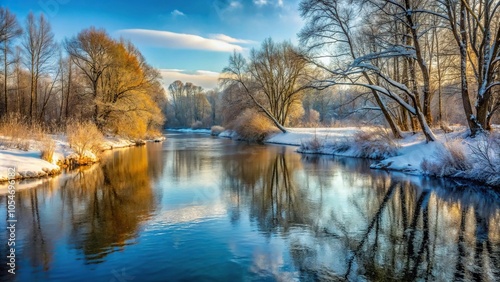 Scenic winter landscape of a winding river and forested area in asymmetrical composition under the cold afternoon sunlight