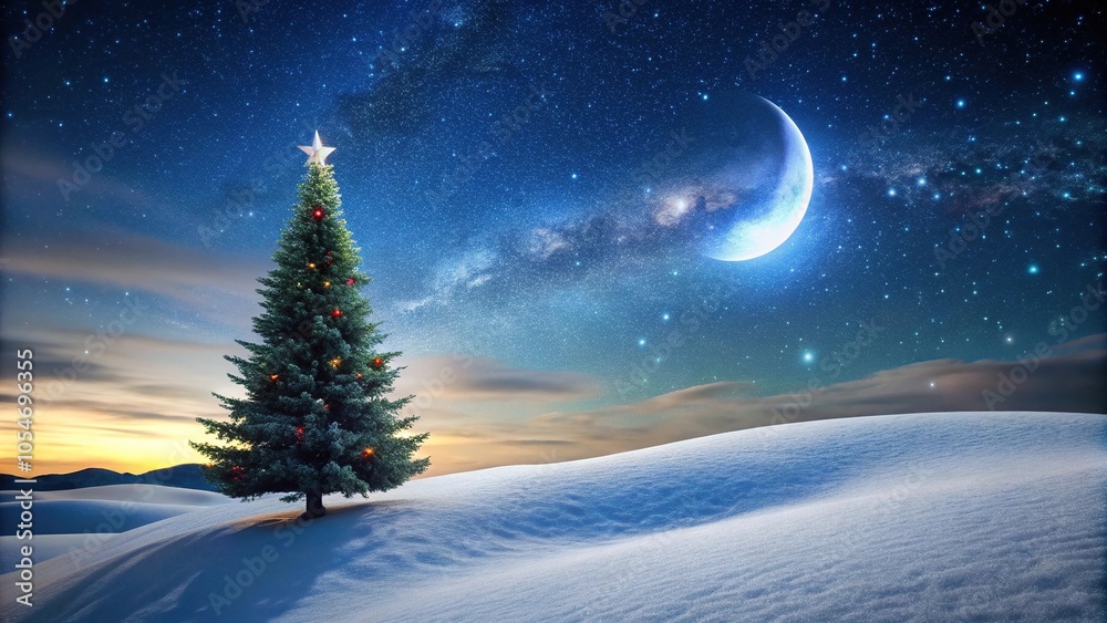 Scenic winter landscape with Christmas tree under starry sky Scenic winter landscape with Christmas tree under starry sky