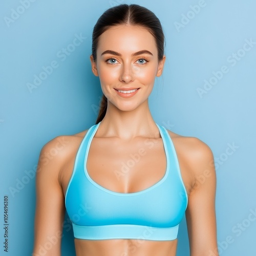 A smiling woman in a blue sports bra against a light blue background.