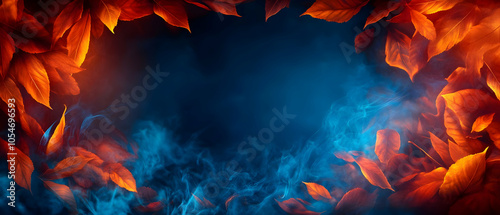 Vibrant autumn leaves frame a rich, smoky blue background, creating a captivating seasonal atmosphere. photo