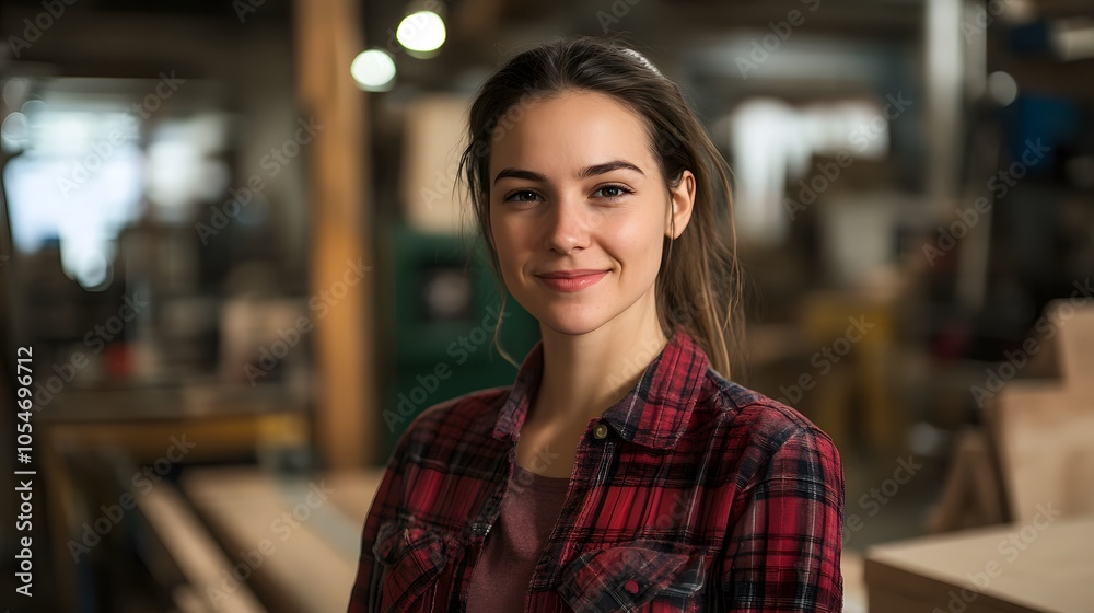 Portrait of modern carpenters working at woodworking factory, focus on young woman smiling at camera in foreground, copy space. 