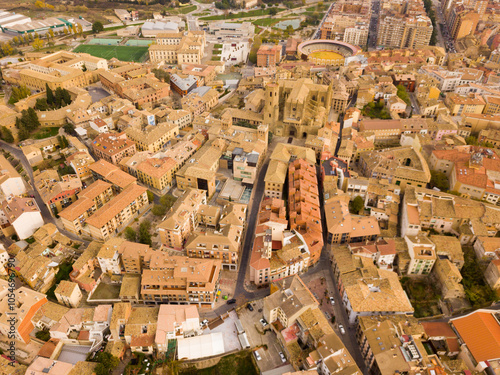 Urban view from drone of roofs of residential buildings in Spanish city of Huesca .. photo