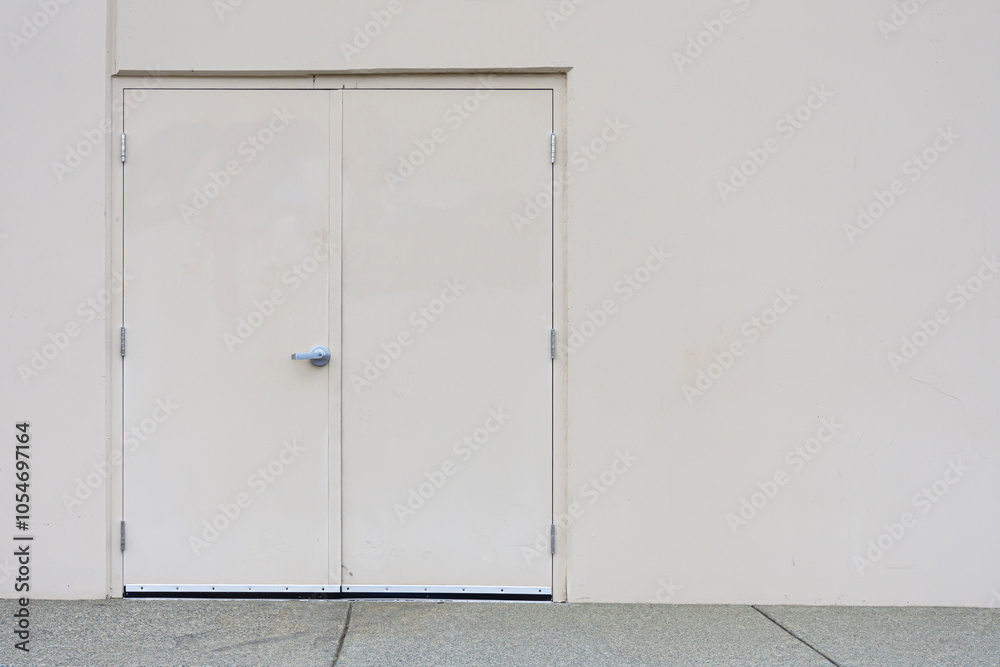 An abstract image of steel exterior double doors on a commercial industrial building. An abstract image of steel exterior double doors on a commercial industrial building.