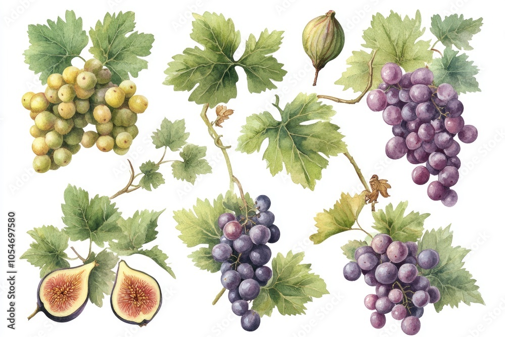 Obraz premium Watercolor illustration of grapes, figs and grapevine leaves.