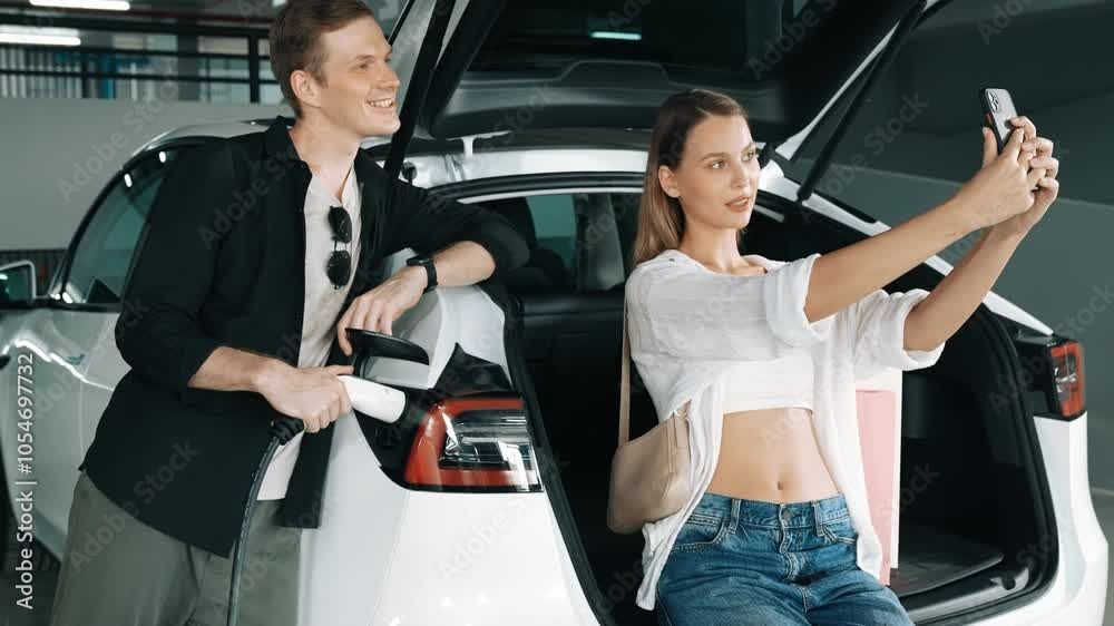 Slow motion couple taking selfie with EV electric car charging battery at shop center parking lot n city downtown as green urban sustainable lifestyle by rechargeable energy of EV vehicle innards Slow motion couple taking selfie with EV electric car charging battery at shop center parking lot n city downtown as green urban sustainable lifestyle by rechargeable energy of EV vehicle innards