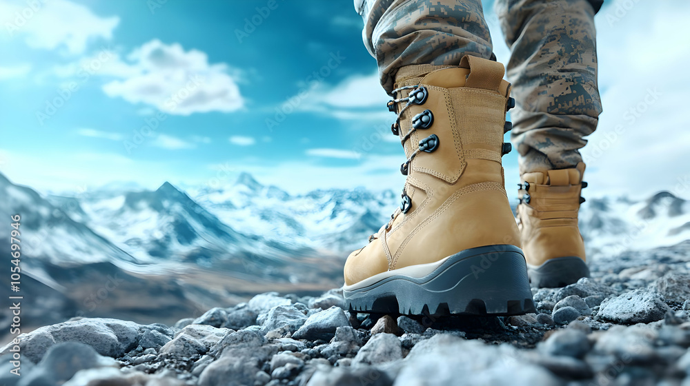 Hiker's boots on rocky terrain, showcasing adventure in nature with majestic mountains in the background. Hiker's boots on rocky terrain, showcasing adventure in nature with majestic mountains in the background.