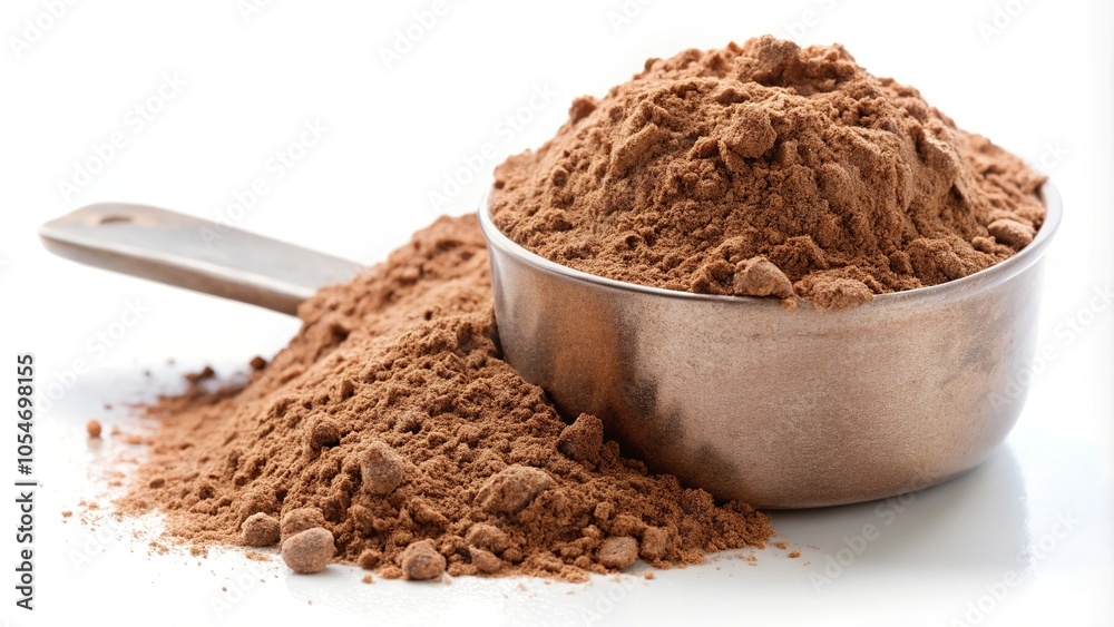 Scoop of chocolate flavor protein powder isolated on white background Scoop of chocolate flavor protein powder isolated on white background