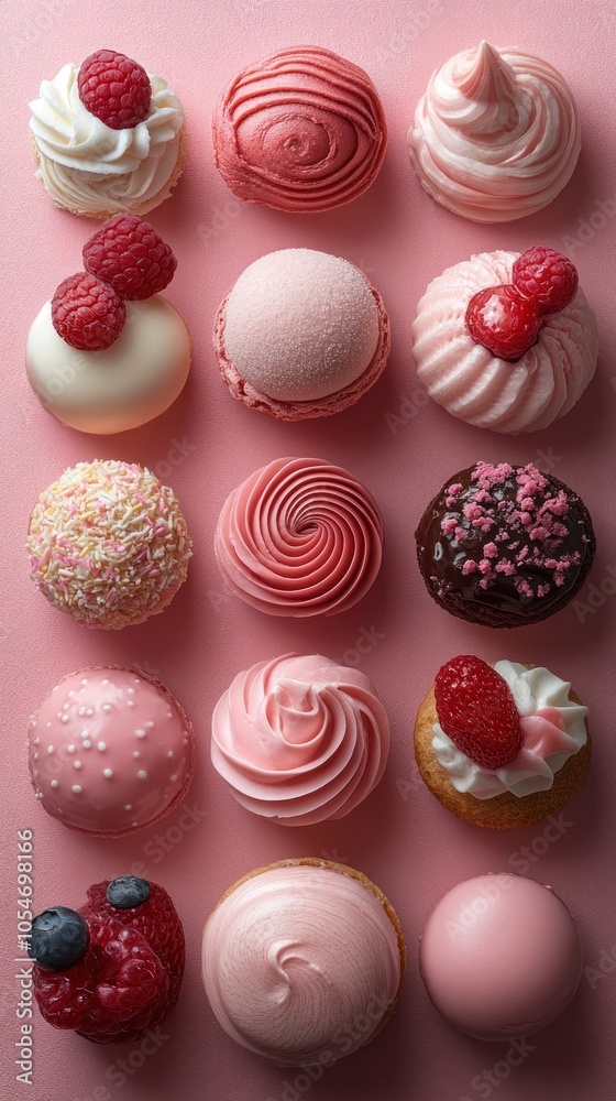 Assortment of Pink and White Pastry Delights Topped with Raspberries and Blueberries Assortment of Pink and White Pastry Delights Topped with Raspberries and Blueberries
