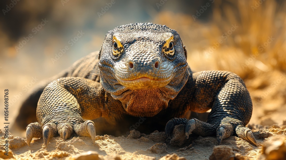 A close-up of a Komodo dragon in a natural setting. A close-up of a Komodo dragon in a natural setting.