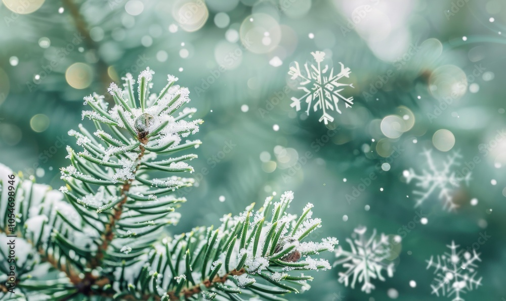 Beautiful frosted evergreen branches with delicate snowflakes and warm bokeh, capturing the peaceful spirit of winter and holiday season Beautiful frosted evergreen branches with delicate snowflakes and warm bokeh, capturing the peaceful spirit of winter and holiday season