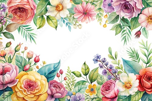 Fototapeta Naklejka Na Ścianę i Meble -  Watercolor painting of flowers and leaves with hearts in a panoramic view