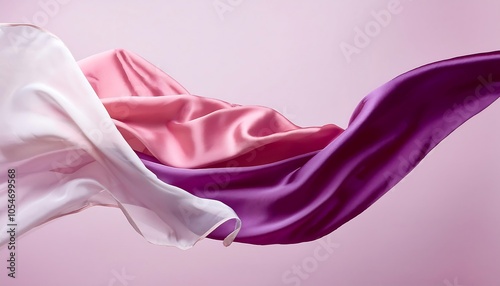 Beautiful silk pastel pink violet white cloth floating flying in the air. Mock up template