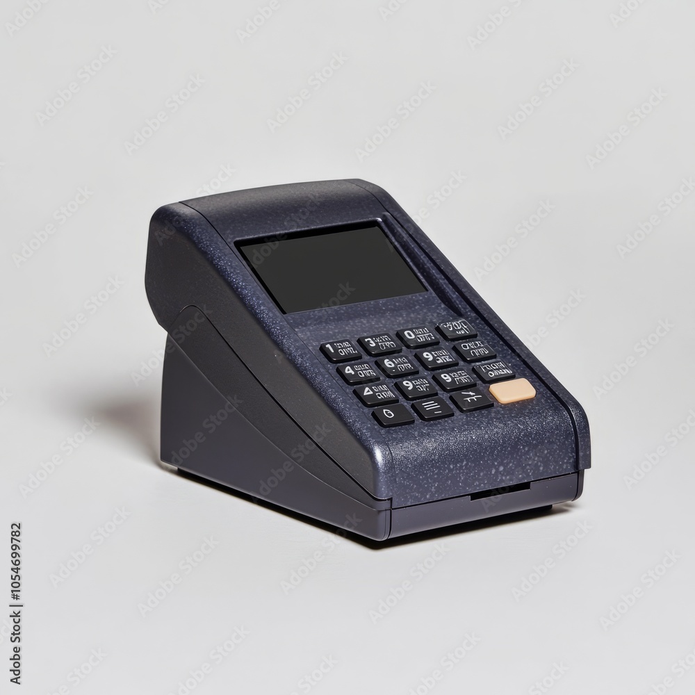 A handheld payment terminal with a keypad and display for transactions. A handheld payment terminal with a keypad and display for transactions.