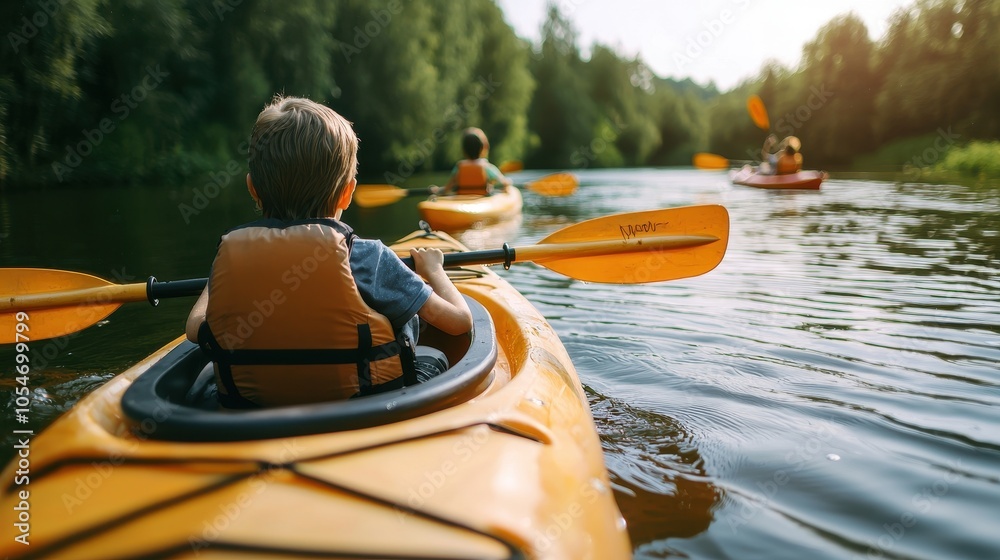 A serene scene of people kayaking on a calm river surrounded by lush green trees, enjoying a sunny day outdoors. A serene scene of people kayaking on a calm river surrounded by lush green trees, enjoying a sunny day outdoors.