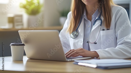 Female Doctor Sitting At Desk Working At Laptop In Office.