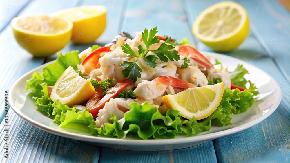 Seafood salad with crab meat, lettuce, lemon on white plate Seafood salad with crab meat, lettuce, lemon on white plate