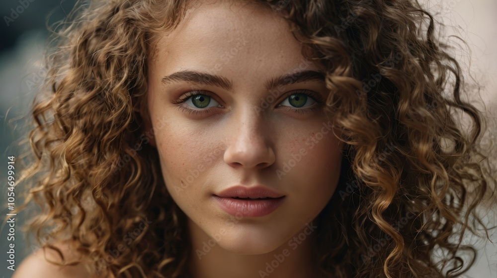Caucasian woman with curly hair in contemplative expression Caucasian woman with curly hair in contemplative expression