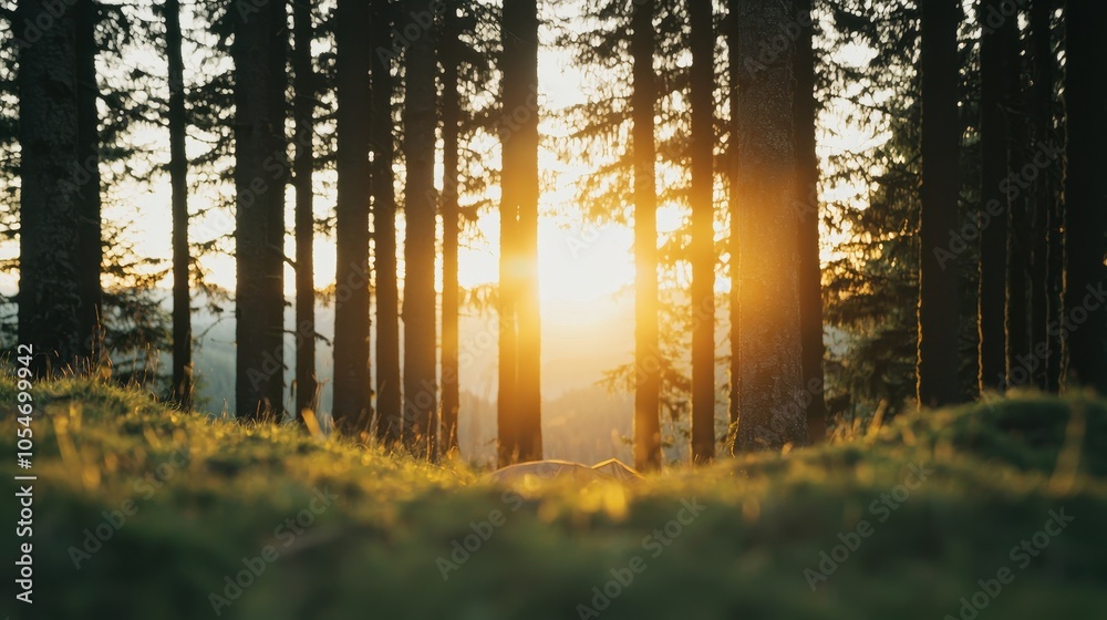 Obraz premium A serene forest scene at sunrise, featuring tall trees with golden sunlight filtering through, creating a peaceful and enchanting atmosphere.