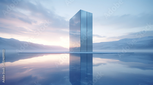 神秘的な湖の上に建つ不思議な建造物の風景