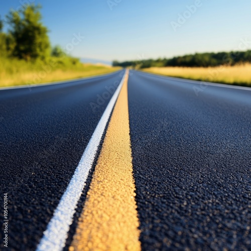 A straight road stretches into the distance under a clear blue sky.