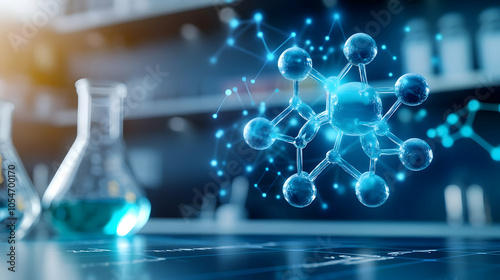 Molecular structure visualization in a laboratory setting with flasks and glowing elements.