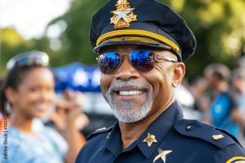 Portrait of a decorated officer holding a medal with family and friends celebrating in the background, capturing honor and pride in public service, symbolizing achievement and respect Portrait of a decorated officer holding a medal with family and friends celebrating in the background, capturing honor and pride in public service, symbolizing achievement and respect
