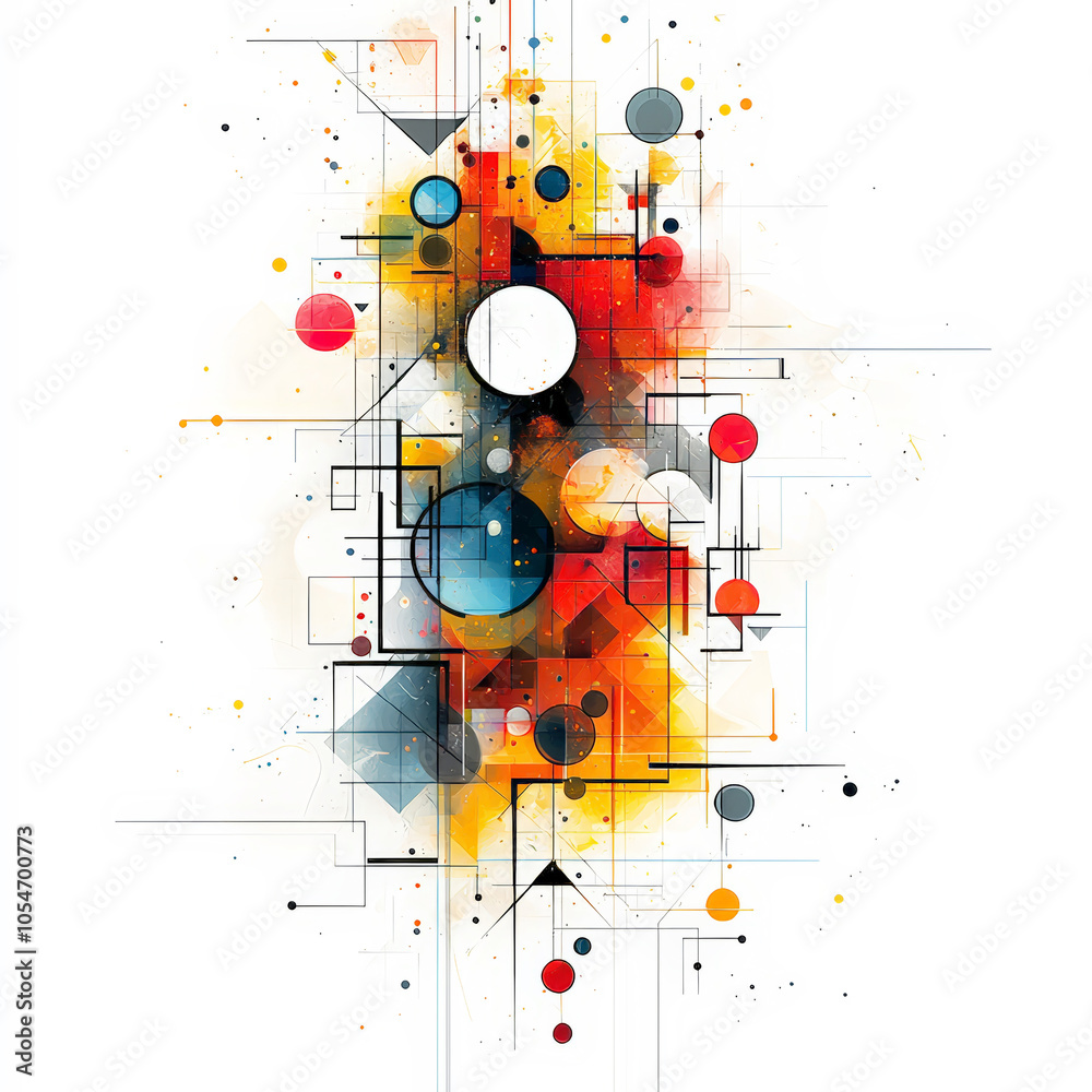 Fototapeta premium Colorful abstract geometric shapes create vibrant composition filled with circles, squares, and lines, evoking sense of energy and creativity