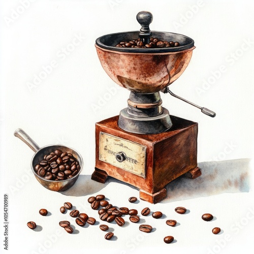 A vintage coffee grinder with scattered beans and a measuring scoop, showcasing a rustic aesthetic and the art of coffee preparation.