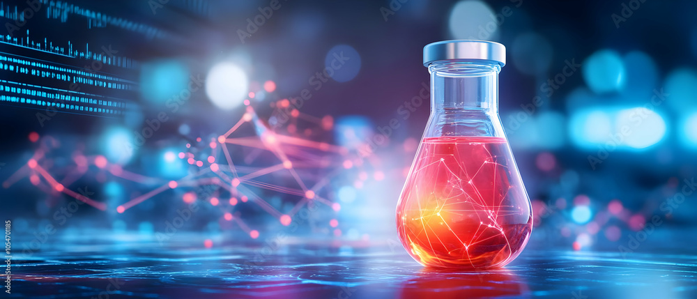 Laboratory flask with glowing red liquid, digital background representing scientific research and innovation. Laboratory flask with glowing red liquid, digital background representing scientific research and innovation.