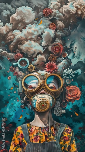 Surreal Portrait of a Woman Wearing a Gas Mask with Flowers photo