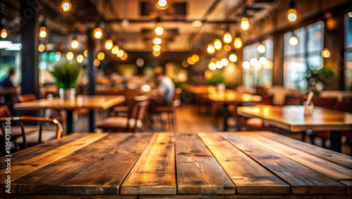 Empty wooden table restaurant background inviting glow of Edison bulbs and the inviting texture of this wooden table set the perfect ambiance for a memorable dining experience.