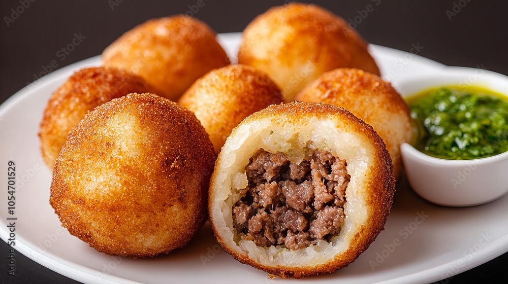 Close-up of crispy, golden-brown stuffed with savory filling, served with a side of vibrant green sauce. Close-up of crispy, golden-brown stuffed with savory filling, served with a side of vibrant green sauce.