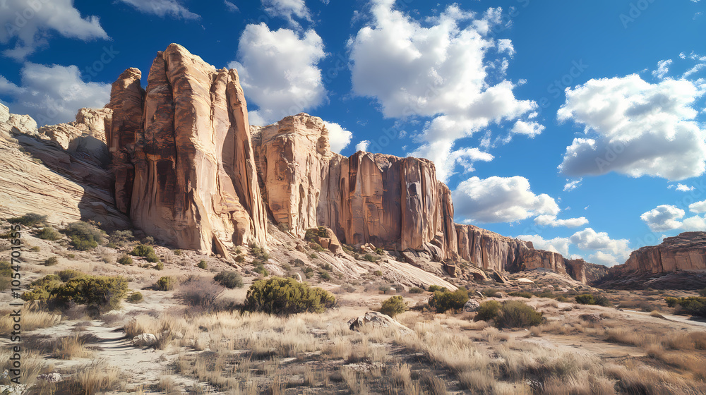 Fototapeta premium Vibrant blue sky with clouds above imposing desert rock formations, illustrating the rugged beauty of the desert terrain. Sunny Desert Canyon. Illustration
