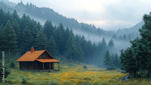 A serene cabin in a misty forest landscape.