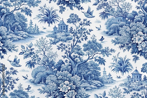 Wallpaper Mural Seamless blue and white toile de jouy voyage pattern with bird eye view Torontodigital.ca