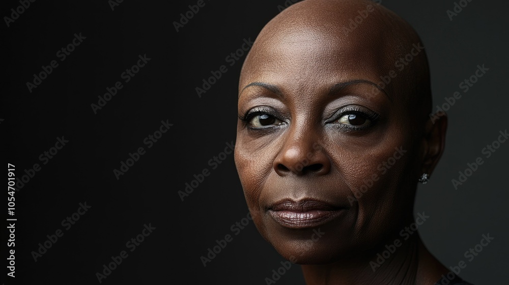Portrait of a dark-skinned woman suffering from cancer after severe hair loss due to chemotherapy treatment Portrait of a dark-skinned woman suffering from cancer after severe hair loss due to chemotherapy treatment