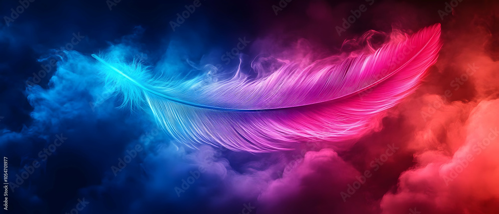 Obraz premium A vibrant feather in blue and pink hues, gracefully floating amidst colorful clouds.