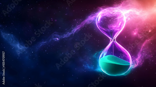 A neon hourglass representing the passage of time against a cosmic background.