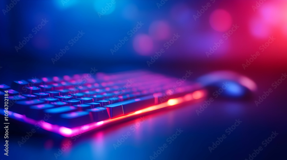 Futuristic keyboard and mouse setup with vibrant neon lights and blurred background, perfect for gaming or tech themes. Futuristic keyboard and mouse setup with vibrant neon lights and blurred background, perfect for gaming or tech themes.