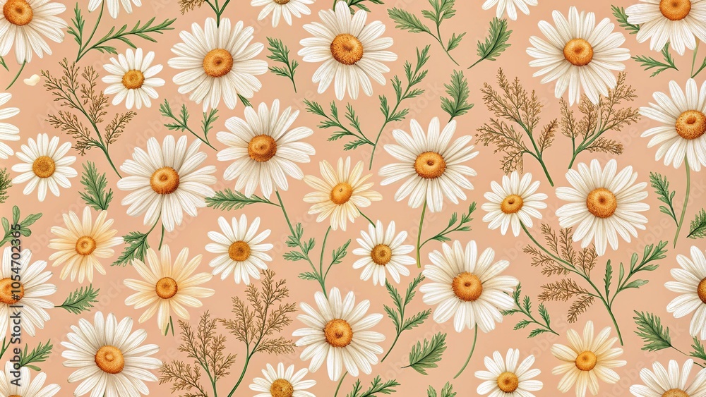 Seamless floral chamomile pattern on peach background Seamless floral chamomile pattern on peach background