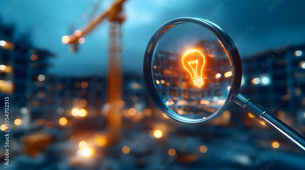 custom made wallpaper toronto digitalA magnifying glass focusing on a glowing light bulb, showcasing innovation at a construction site with blurred surroundings.