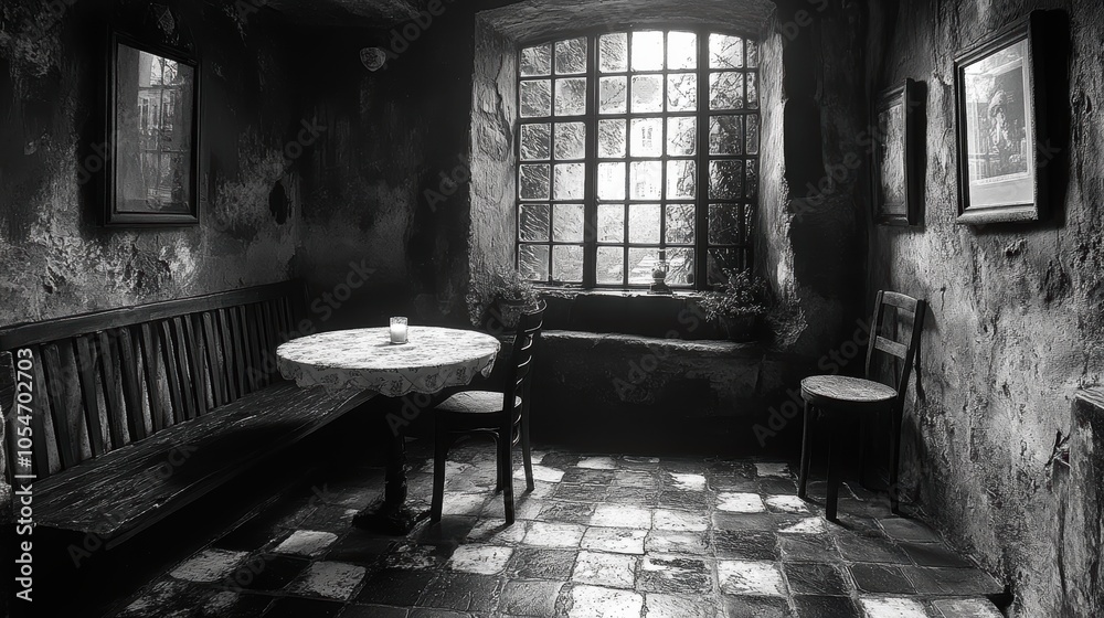 A dark room with a table and chairs. Generative AI A dark room with a table and chairs. Generative AI